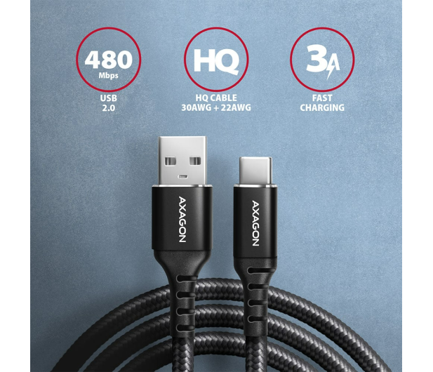 AXAGON BUCM-AM20AB Kabel USB-C - USB-A, 2m, USB 2.0, 3A, ALU, oplot, Czarny - 1353465 - zdjęcie 5